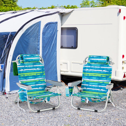 Foldable Backpack Beach Chair with Cup Holder and Storage Pockets Set of 2-Green
