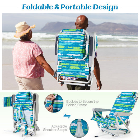 Foldable Backpack Beach Chair with Cup Holder and Storage Pockets Set of 2-Green