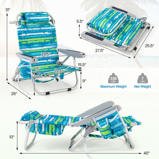 Foldable Backpack Beach Chair with Cup Holder and Storage Pockets Set of 2-Green