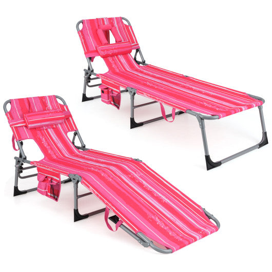 Folding Beach Lounge Chair with Pillow for Outdoor-Pink and White