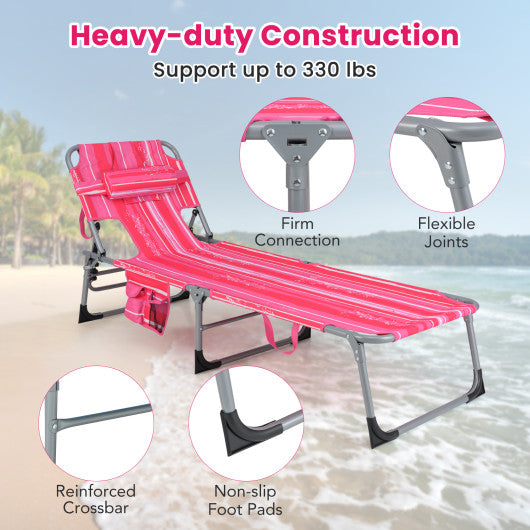 Folding Beach Lounge Chair with Pillow for Outdoor-Pink and White