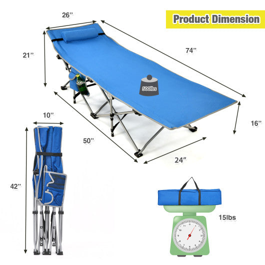 Folding Camping Cot with Side Storage Pocket Detachable Headrest-Blue