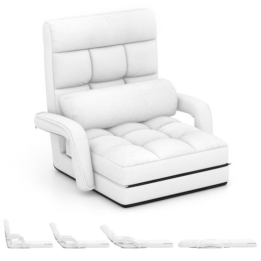 Folding Lazy Floor Chair Sofa with 6 Adjustable Position-White