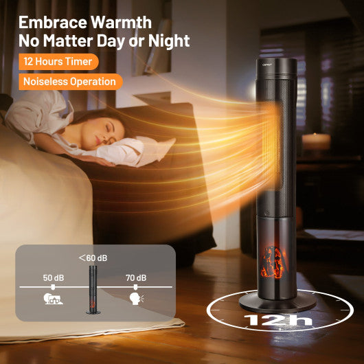 1500W Ceramic Tower Space Heater with Remote Control and Realistic 3D Flame