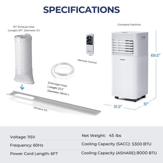 8000 BTU 3-in-1 Air Cooler with Dehumidifier and Fan Mode-White