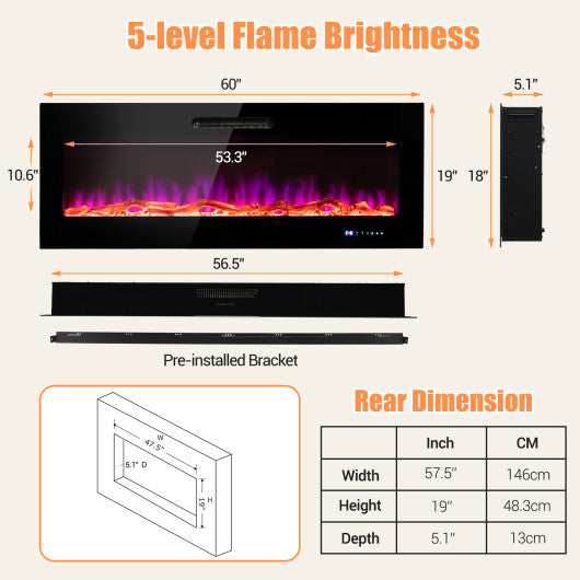 50/60 Inch Wall Mounted Recessed Electric Fireplace with Decorative Crystal and Log-60 inches