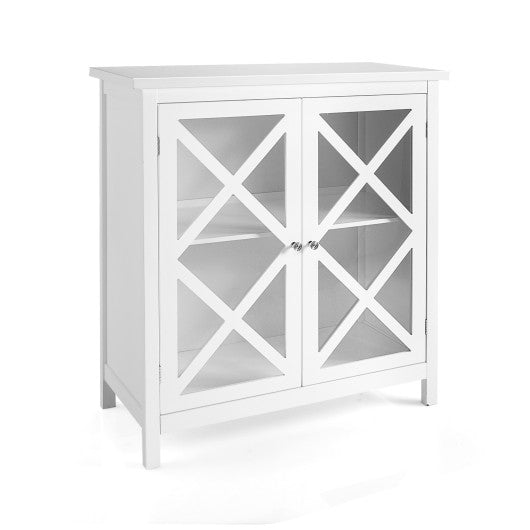 Freestanding Kitchen Buffet Cabinet with Glass Doors and Adjustable Shelf-White