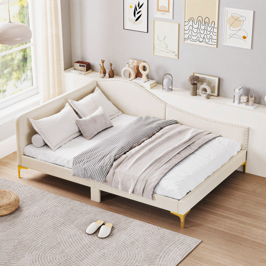 Full/Twin Size Upholstered Daybed with Metal Legs and Wood Slats-Full Size