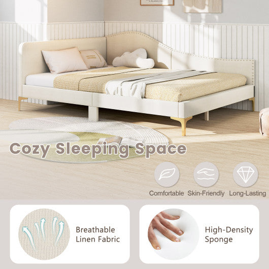 Full/Twin Size Upholstered Daybed with Metal Legs and Wood Slats-Full Size