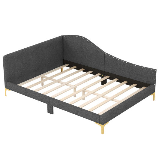 Full/Twin Size Rivet-Tufted Platform Bed with Metal Legs and Wood Slats-Full Size