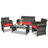 4 Pieces Patio Rattan Furniture Set with Cushions-Red