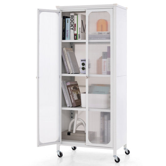 Glass Doors Storage Cabinet with Wheels and Adjustable Shelves-White