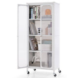 Glass Doors Storage Cabinet with Wheels and Adjustable Shelves-White