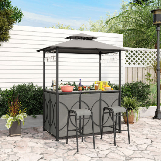 3-Piece Patio Bar Set Grill Gazebo & 2 Bar Stools with Tempered Glass Bar Table-Gray