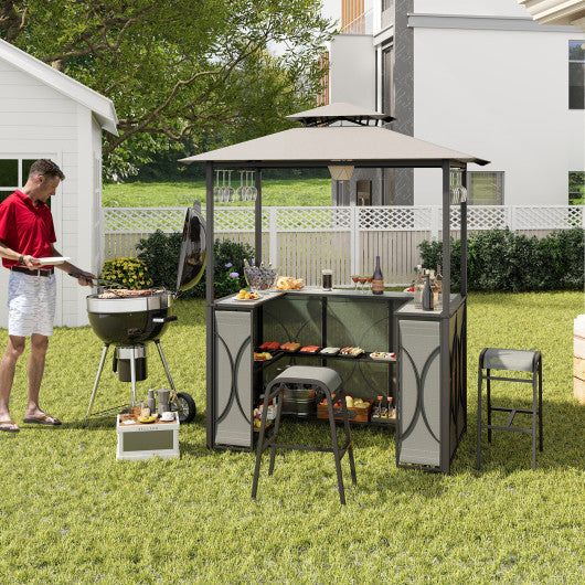 3-Piece Patio Bar Set Grill Gazebo & 2 Bar Stools with Tempered Glass Bar Table-Gray