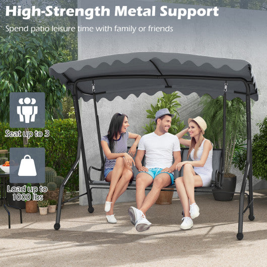 3-Seat Outdoor Porch Canopy Swing with Adjustable Shading-Gray