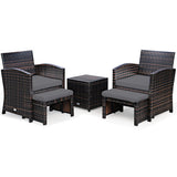 5 Pieces Patio Rattan Furniture Set with Ottoman and Tempered Glass Coffee Table-Gray