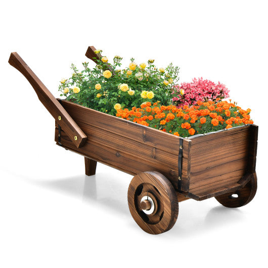 Wooden Wagon Planter Box with Wheels Handles and Drainage Hole-Rustic Brown