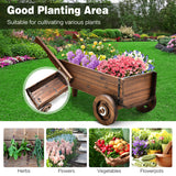 Wooden Wagon Planter Box with Wheels Handles and Drainage Hole-Rustic Brown