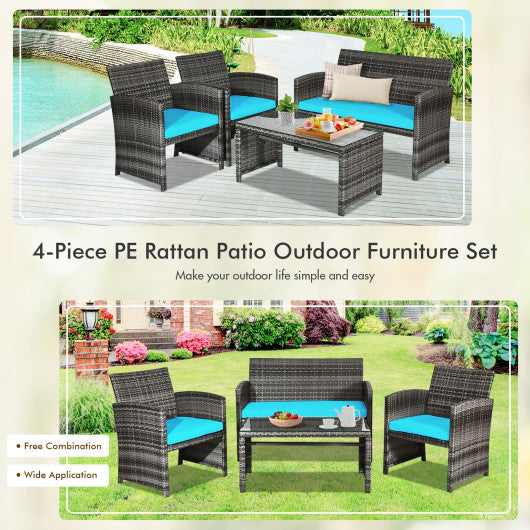 4 Pieces Patio Rattan Furniture Set with Cushions-Turquoise