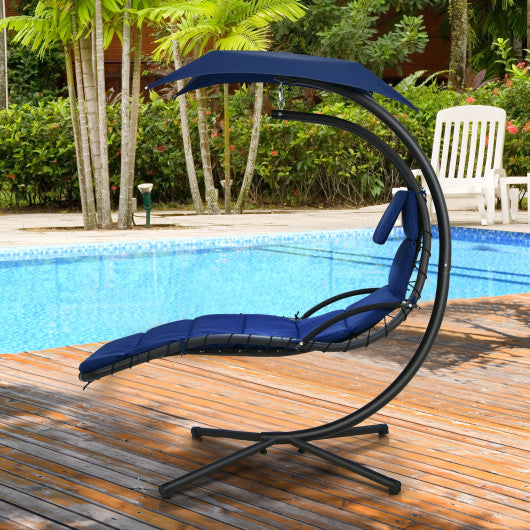 Hanging Curved Steel Swing Chaise Lounger with Removable Canopy-Navy