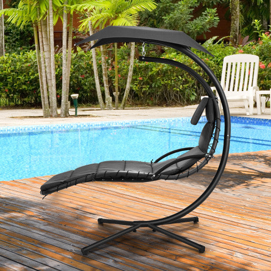 Hanging Curved Steel Swing Chaise Lounger with Removable Canopy-Gray