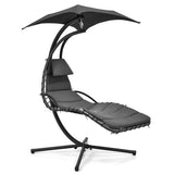 Hanging Curved Steel Swing Chaise Lounger with Removable Canopy-Gray