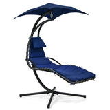 Hanging Curved Steel Swing Chaise Lounger with Removable Canopy-Navy