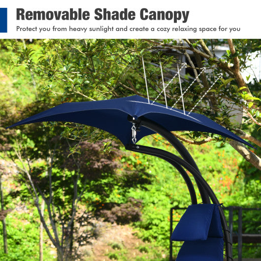 Hanging Curved Steel Swing Chaise Lounger with Removable Canopy-Navy