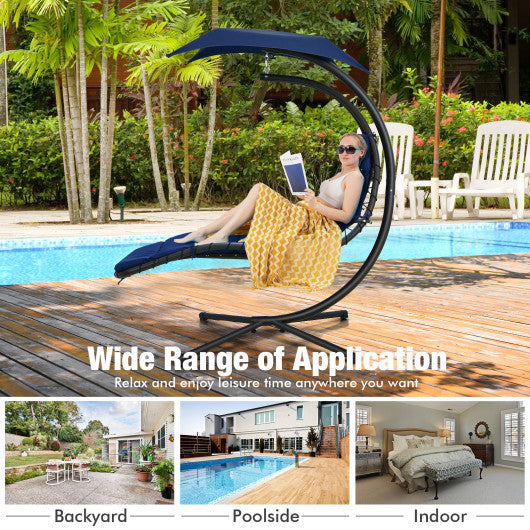 Hanging Curved Steel Swing Chaise Lounger with Removable Canopy-Navy