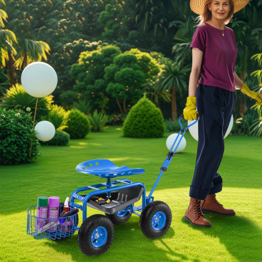 Heavy Duty Garden Cart with Tool Tray and 360 Swivel Seat-Blue