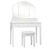 Vanity Table Stool Set with Large Tri-folding Lighted Mirror-White