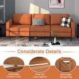 Convertible Leather Sofa Couch with Magazine Pockets 3-Seat with 2 USB Port-Orange