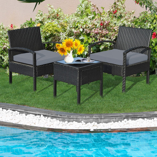 3 Pieces Outdoor Rattan Patio Conversation Set with Seat Cushions-Gray