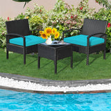 3 Pieces Outdoor Rattan Patio Conversation Set with Seat Cushions-Turquoise