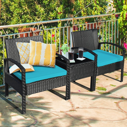 3 Pieces Outdoor Rattan Patio Conversation Set with Seat Cushions-Turquoise