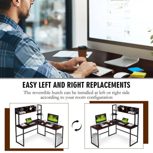Reversible L-Shaped Corner Desk with Storage Bookshelf-Dark Brown