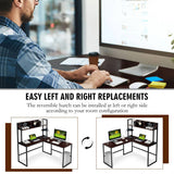 Reversible L-Shaped Corner Desk with Storage Bookshelf-Dark Brown
