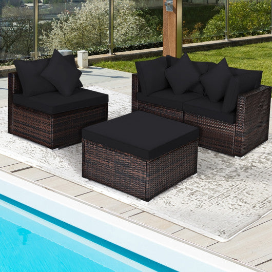 4 Pieces Ottoman Garden Patio Rattan Wicker Furniture Set with Cushion-Black