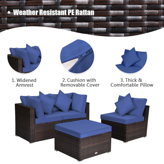 4 Pieces Ottoman Garden Patio Rattan Wicker Furniture Set with Cushion-Navy