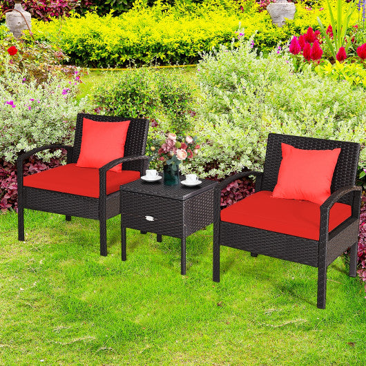 3 Piece PE Rattan Wicker Sofa Set with Washable and Removable Cushion for Patio-Red