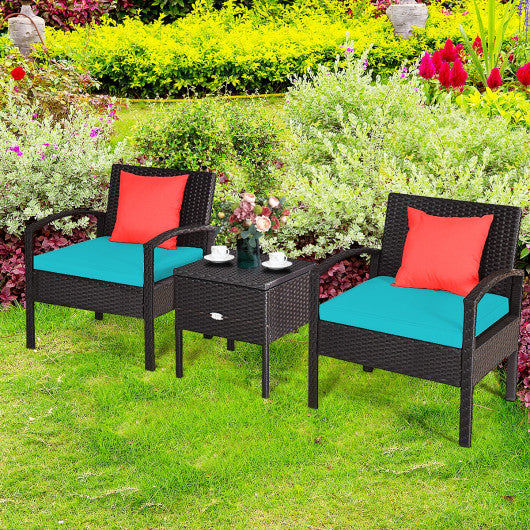 3 Piece PE Rattan Wicker Sofa Set with Washable and Removable Cushion for Patio-Turquoise