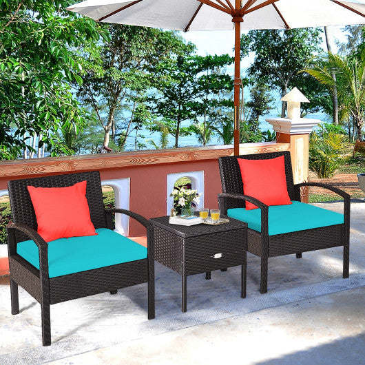 3 Piece PE Rattan Wicker Sofa Set with Washable and Removable Cushion for Patio-Turquoise