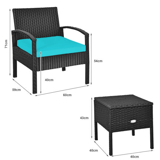 3 Piece PE Rattan Wicker Sofa Set with Washable and Removable Cushion for Patio-Turquoise