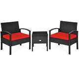 3 Piece PE Rattan Wicker Sofa Set with Washable and Removable Cushion for Patio-Red