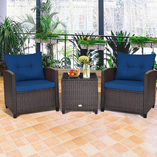 3 Pcs Patio Rattan Furniture Set Cushioned Conversation Set Coffee Table-Navy