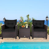 3 Pcs Patio Rattan Furniture Set Cushioned Conversation Set Coffee Table -Black