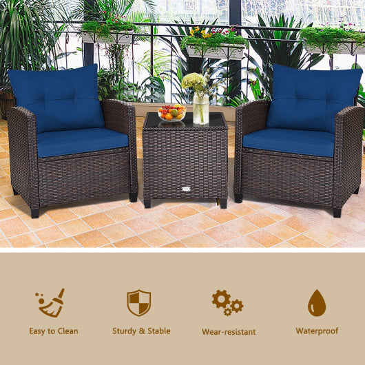 3 Pcs Patio Rattan Furniture Set Cushioned Conversation Set Coffee Table-Navy