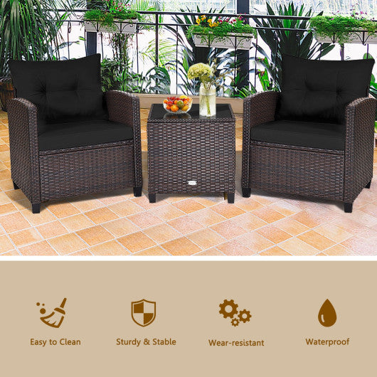 3 Pcs Patio Rattan Furniture Set Cushioned Conversation Set Coffee Table -Black