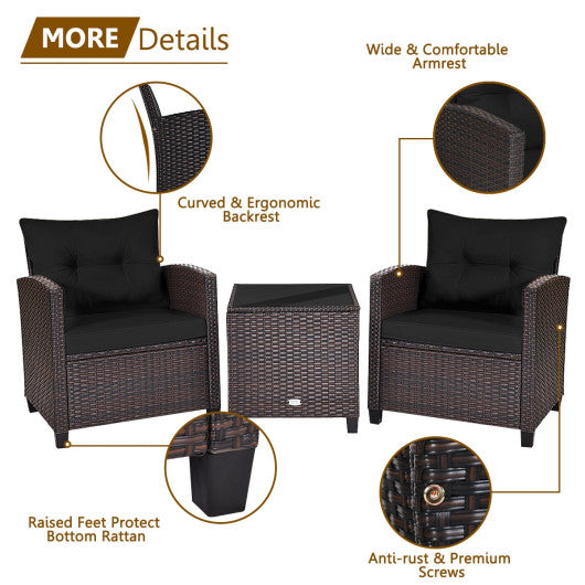 3 Pcs Patio Rattan Furniture Set Cushioned Conversation Set Coffee Table -Black